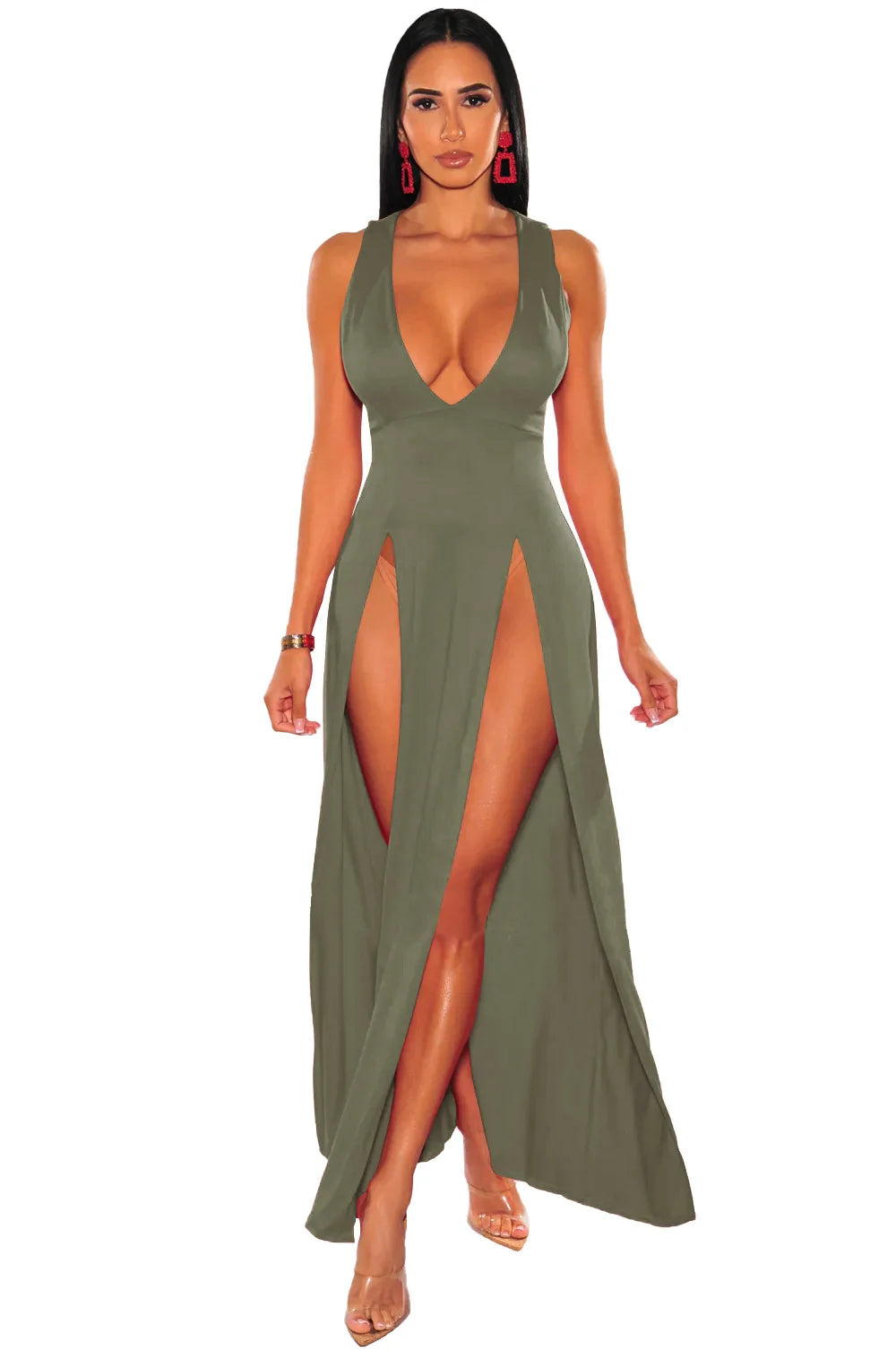 Backless V Neck Sleeveless Maxi Dress With Slit For Party