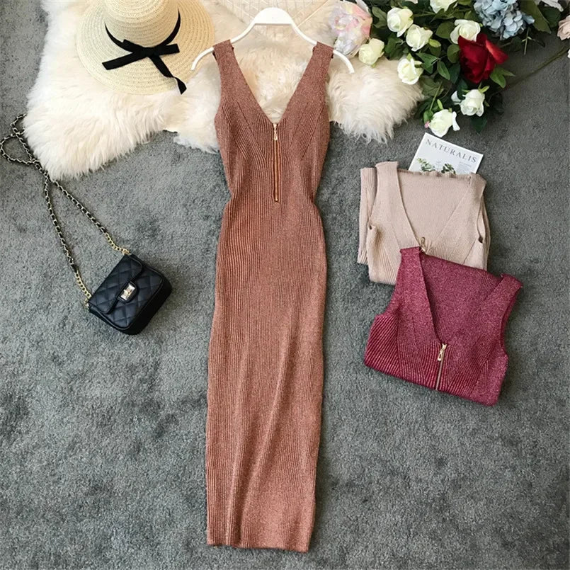 Sexy Zipper V Neck Knit Bodycon Midi Dress For Summer