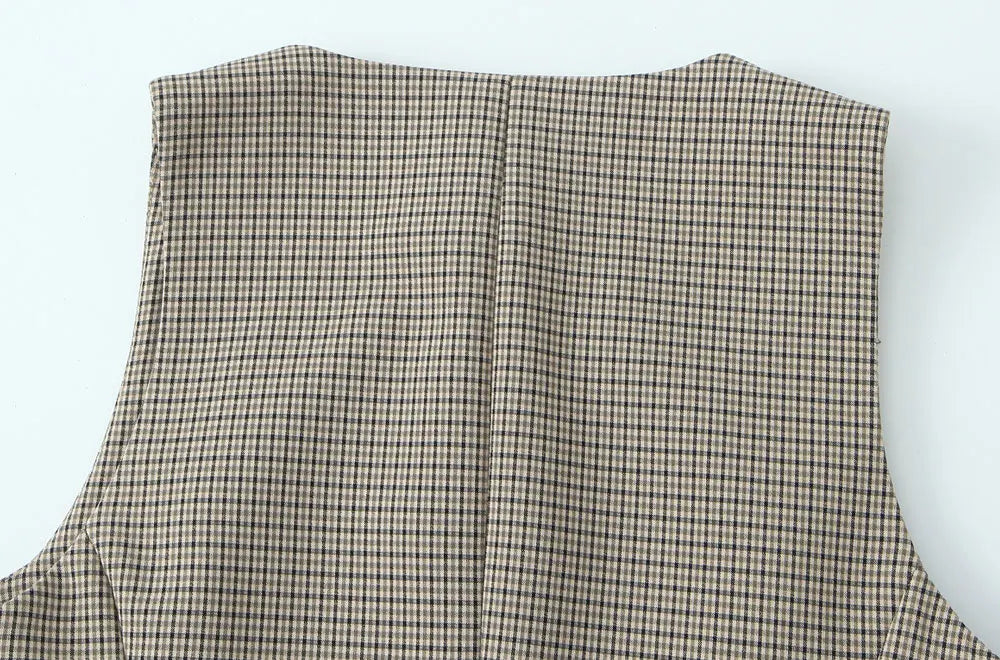 Women's Fashion Button-Up Check Waistcoat With High Waist Belted Straight Pants Two Piece Set