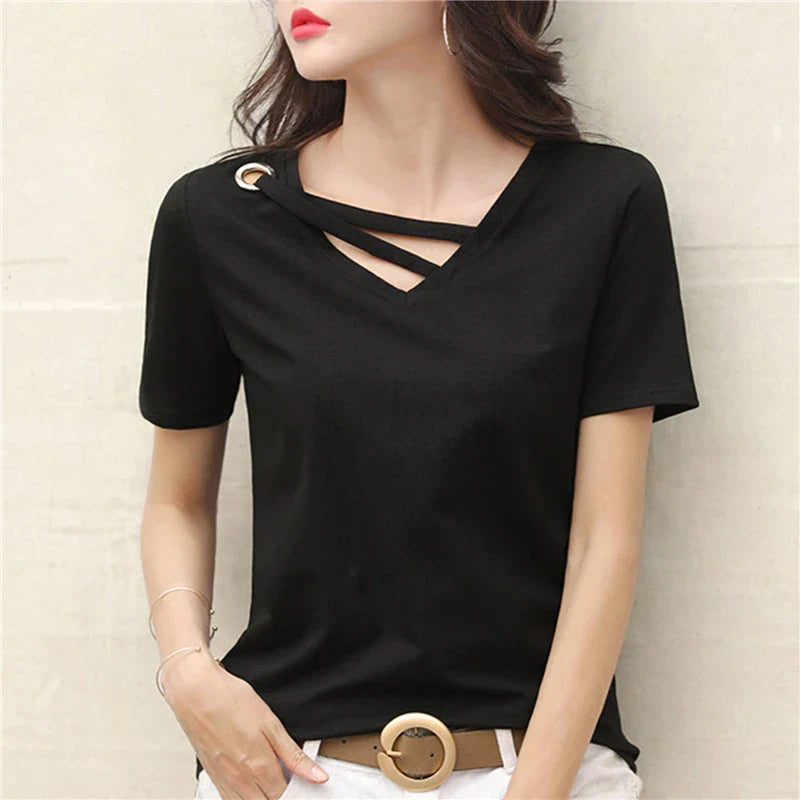 Casual Women V-Neck Loose White T-Shirt Summer Short Sleeve Polyester Top