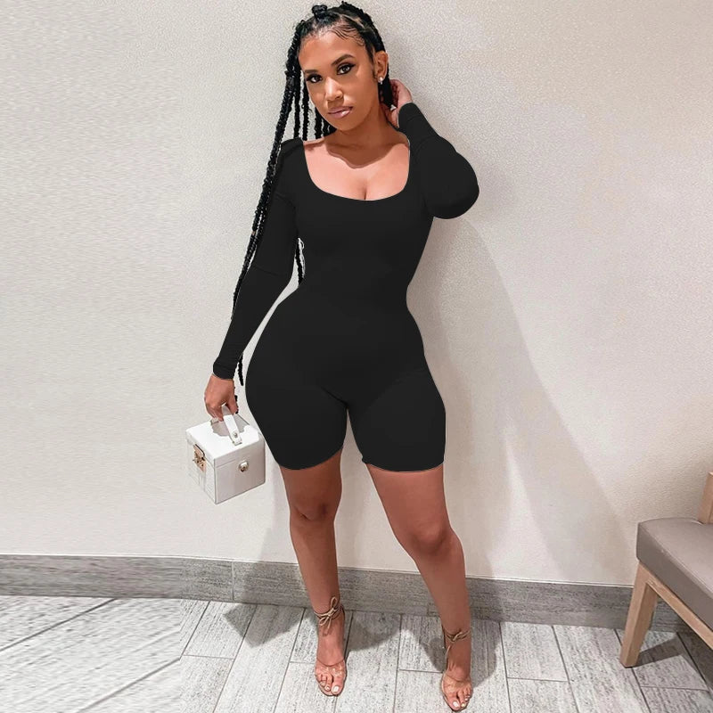 Deep Neck Long Sleeve Skinny Black Stretchy Bodycon Jumpsuit Slim Fit Autumn Winter Fashion Streetwear Romper for Women