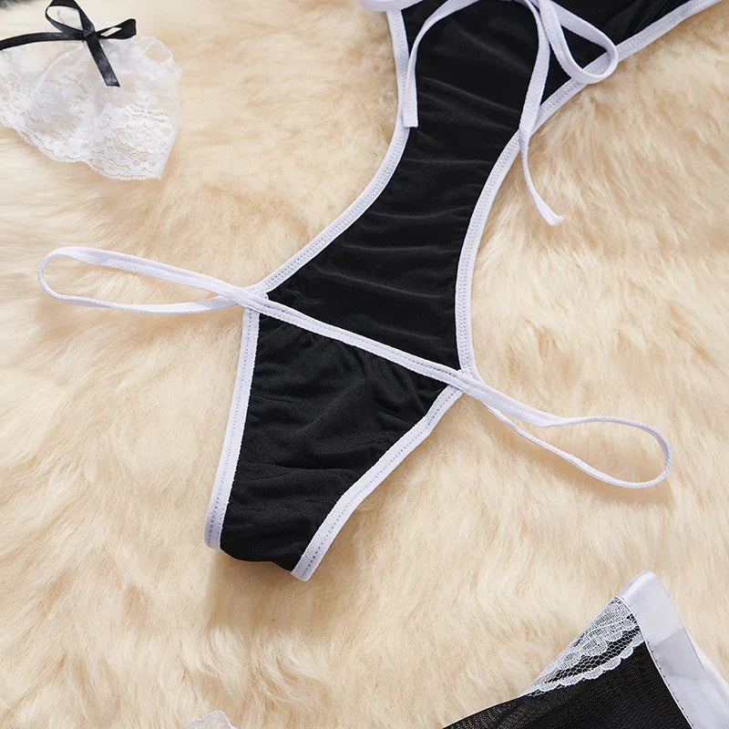 Sexy Lace-Up Lingerie Bodysuit Set with Mini Skirt Backless Patchwork Lace Edge Hollow Cosplay Maid Uniform