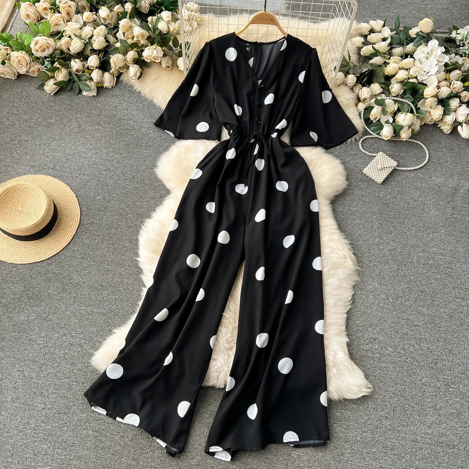 Women Wide Leg Polka Dot Jumpsuit with V Neck Dolman Sleeves and Slim Waist Design