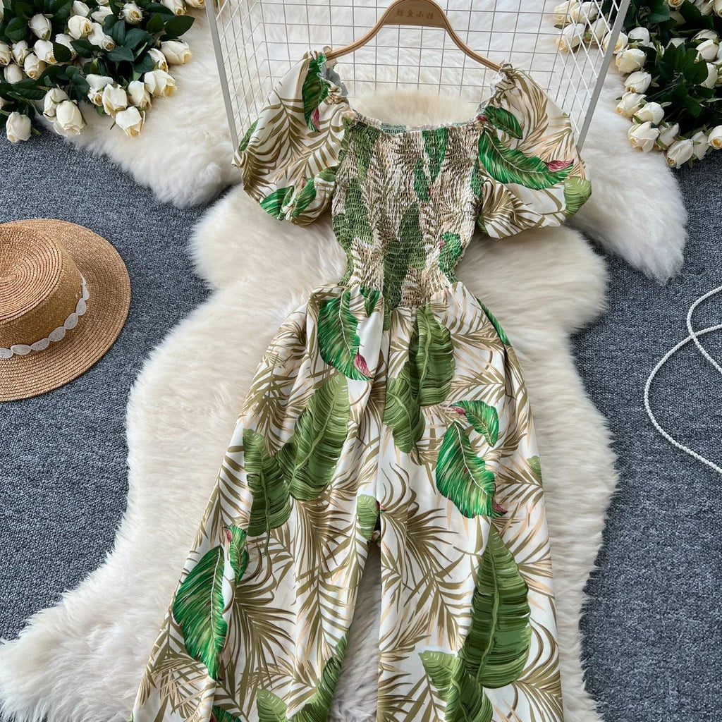 Square Neck Loose Pleated Jumpsuit with Ruffles Backless Design Wide Leg Long Pants Elegant Chic Printed Playsuit for Women