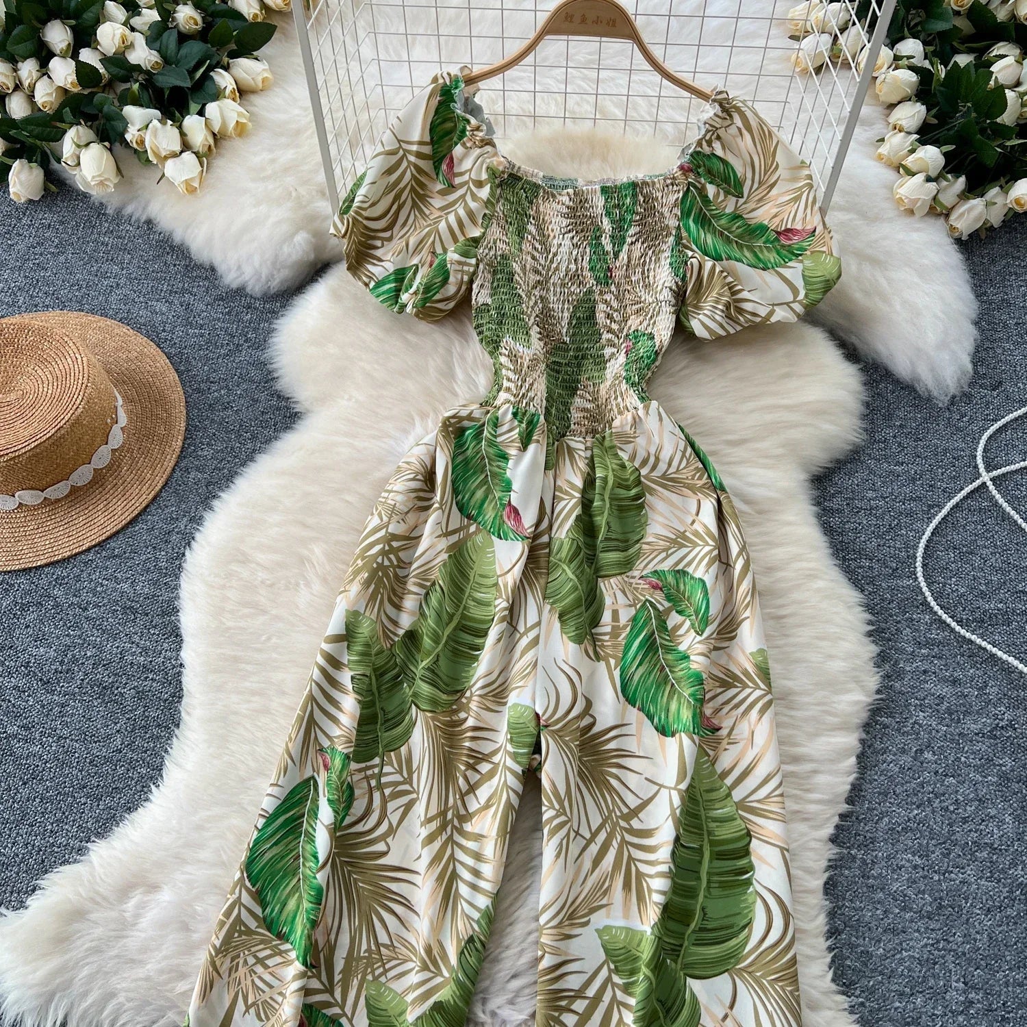 Square Neck Loose Pleated Jumpsuit with Ruffles Backless Design Wide Leg Long Pants Elegant Chic Printed Playsuit for Women