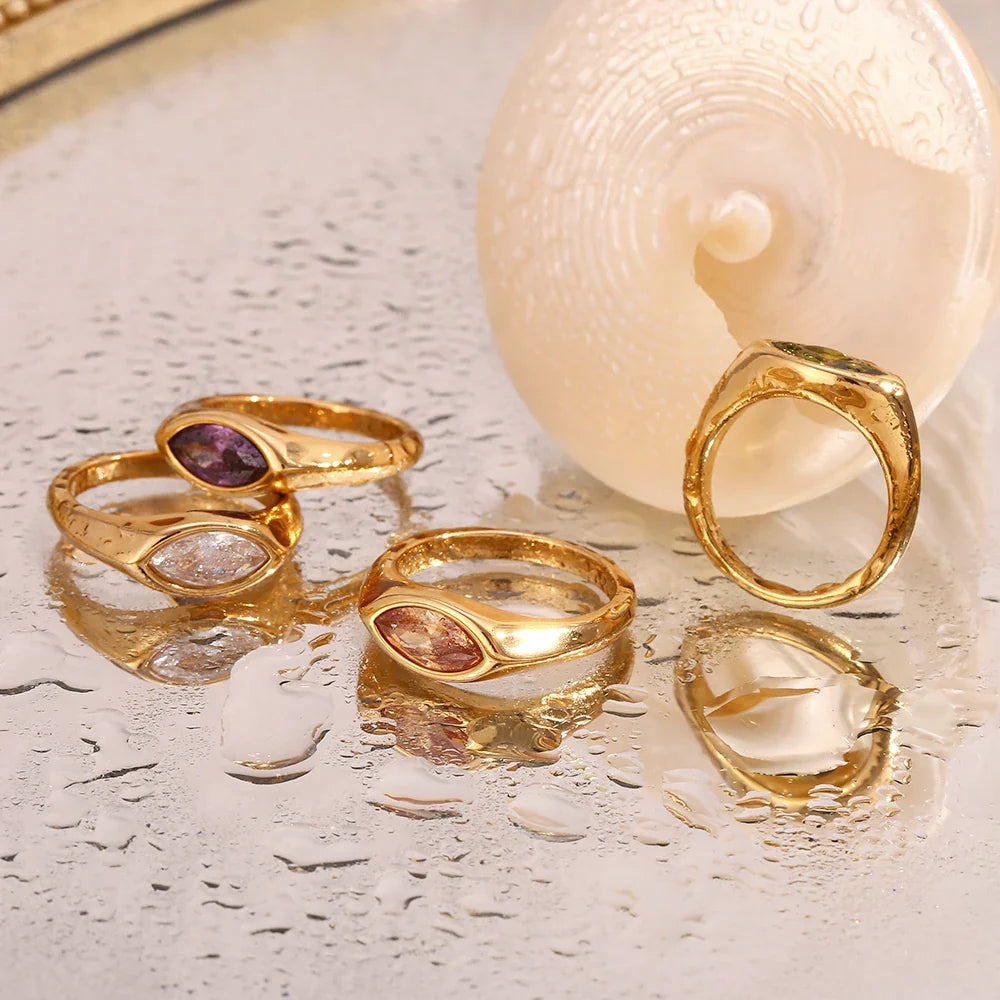 Hypoallergenic 316L Stainless Steel Colorful Horse Eye Zircon Seal Ring with 18K Gold Plating