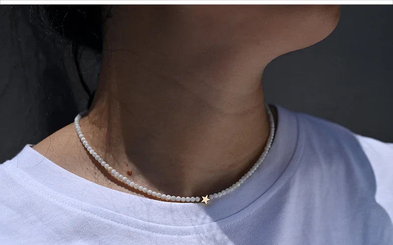 Natural Shell Beads Heart Choker Necklace for Women with Stainless Steel and Copper Star