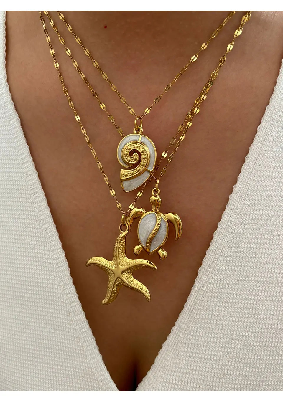 Elegant White Enamel Turtle Conch Starfish Pendant Necklace 18K Gold Plated Jewelry for Women