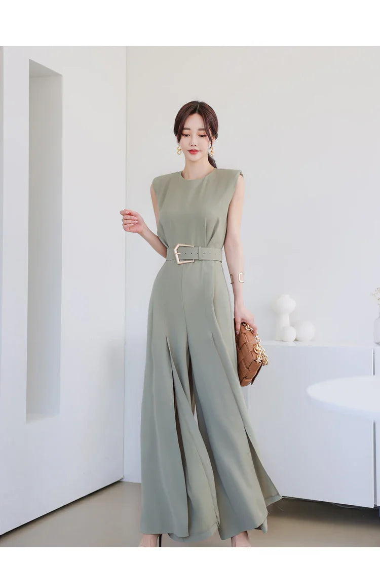 Elegant Women's Business Jumpsuit O-Neck Wide Leg Split Trousers Long Casual Workwear Romper