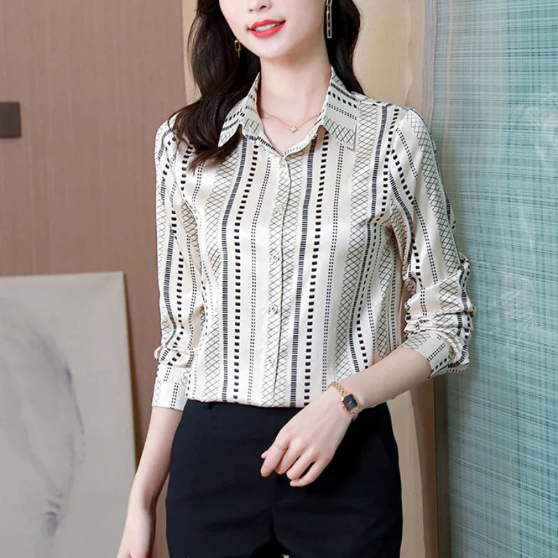 Elegant Satin Women Blouse Long Sleeve Button Up Shirt Vintage Office Lady Print Top
