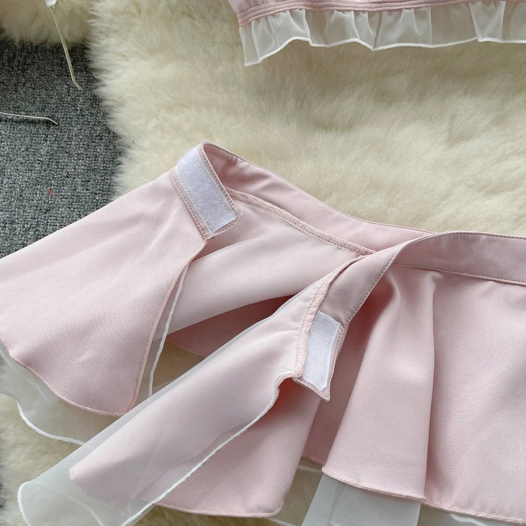 Sexy Nurse Cosplay Uniform Two-Piece Set with High Waisted Ruffled Skirt and Bubble Sleeve Short Top Cute and Flirty Costume