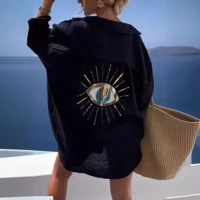 Women's Casual Cotton Linen Lapel Long Sleeve Shirt Autumn Winter Fashion Tunic