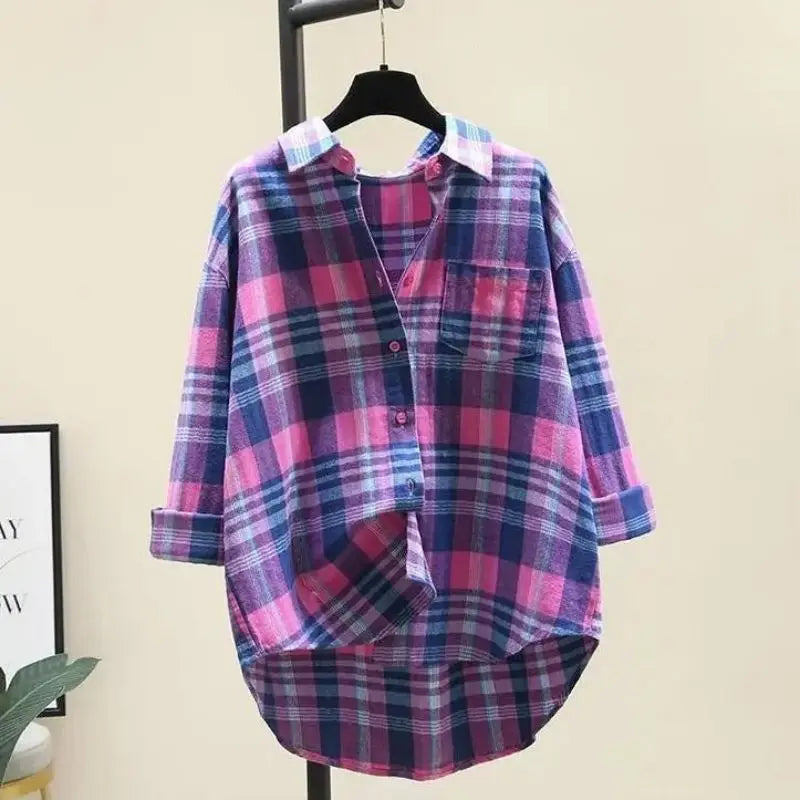 Plaid Vintage Polo Neck Long Sleeve Loose Fit Single Breasted Women's Blouse Shirt Casual Korean Style Female Top