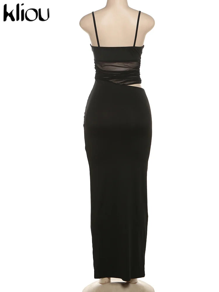 Mesh Spaghetti Strap Patchwork Maxi Dress Low Neck