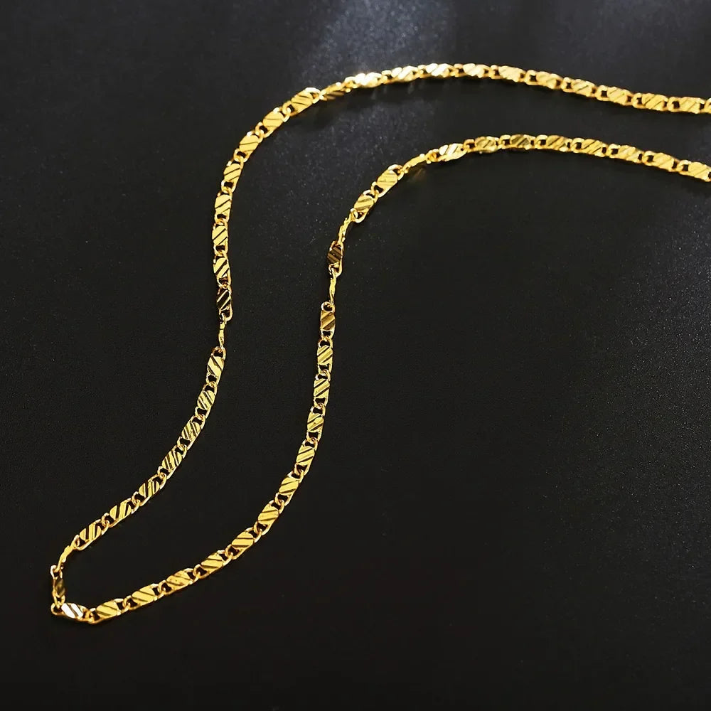 18k Gold Color Flat Chain Necklace 40-75cm for Women and Men Luxury Fashion Jewelry