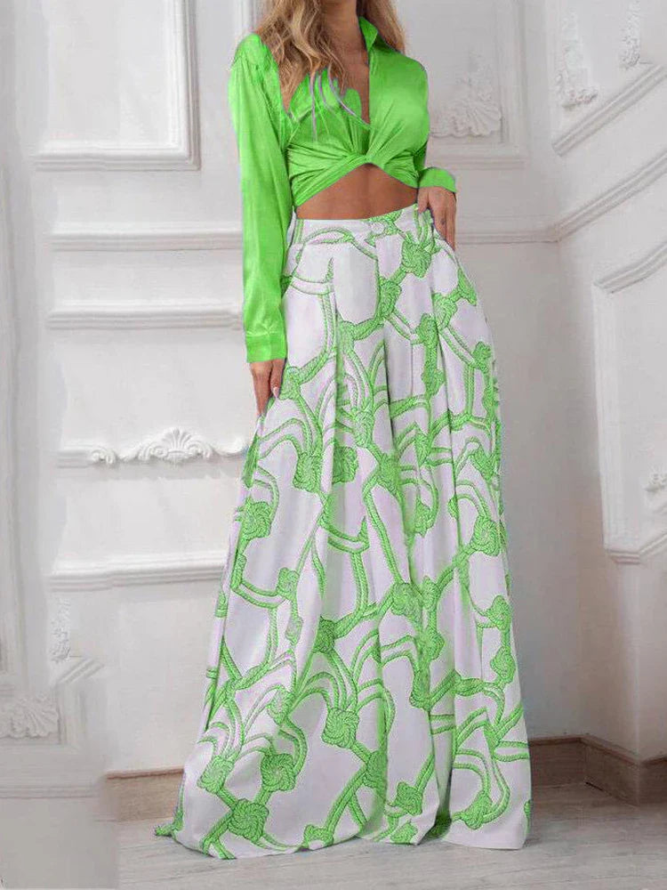 Printed Casual Suit with Lace-Up Shirt and High Waist Wide Leg Pants Set for Women