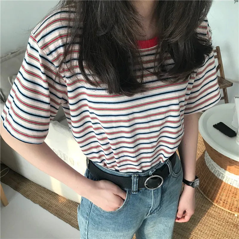 Korean Loose Striped T-shirts for Women Short Sleeves Round Neck Casual Top