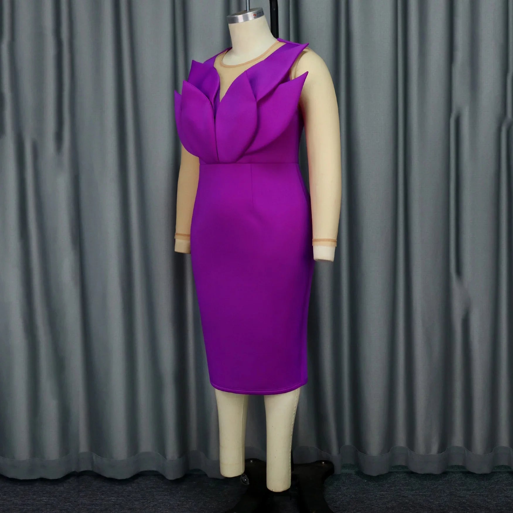 Purple Sheath Dress With O Neck Long Sleeves Calf Length