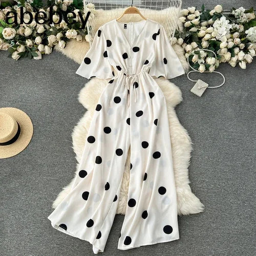 Women Wide Leg Polka Dot Jumpsuit with V Neck Dolman Sleeves and Slim Waist Design