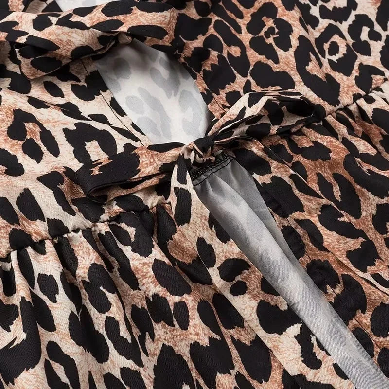 Women's Leopard Print Lace-Up Vintage Blouse Casual Loose Fit Y2K Chic Shirt