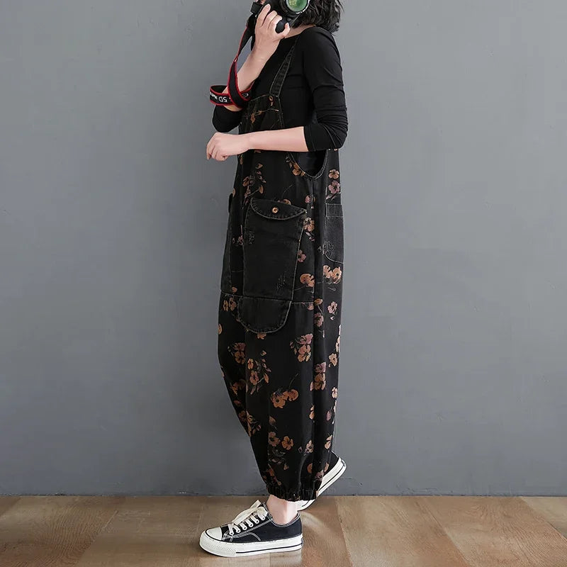 Vintage Floral Print Oversized Black Denim Jumpsuit Women Casual Baggy Cargo Pants Wide Leg Loose Fit Big Pockets Overalls
