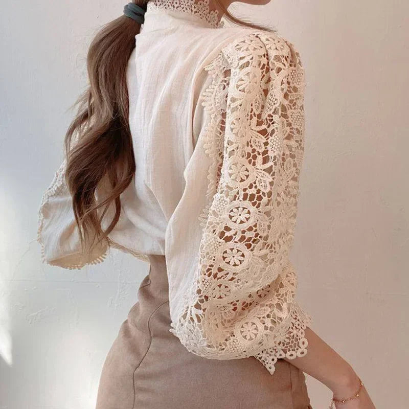 Vintage White Lace Blouse for Women Button Front Loose Fit Hollow Casual Shirt Top