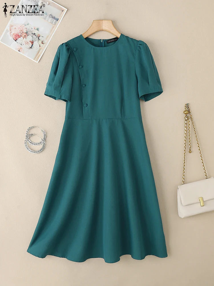 Elegant Short Puff Sleeve A Line Sundress for Office