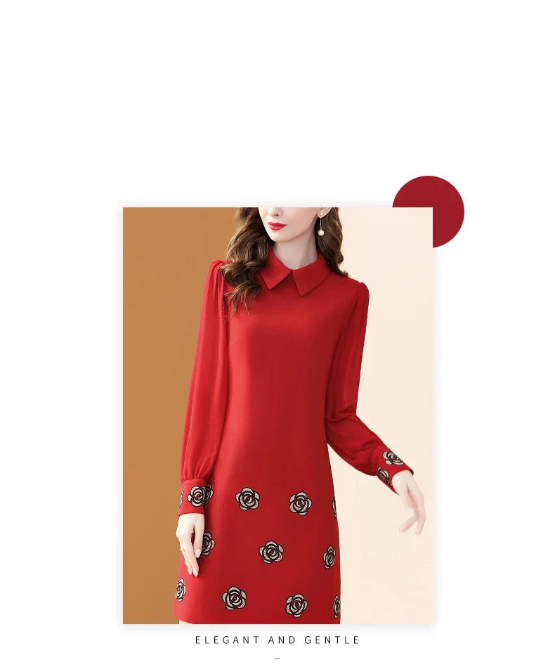 Floral Embroidery Chiffon Dress With Polo Collar For Office