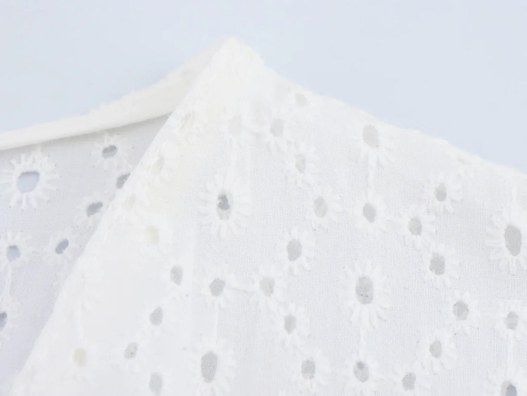 Womens Hollow Embroidery V Neck Lantern Sleeve Mini Dress