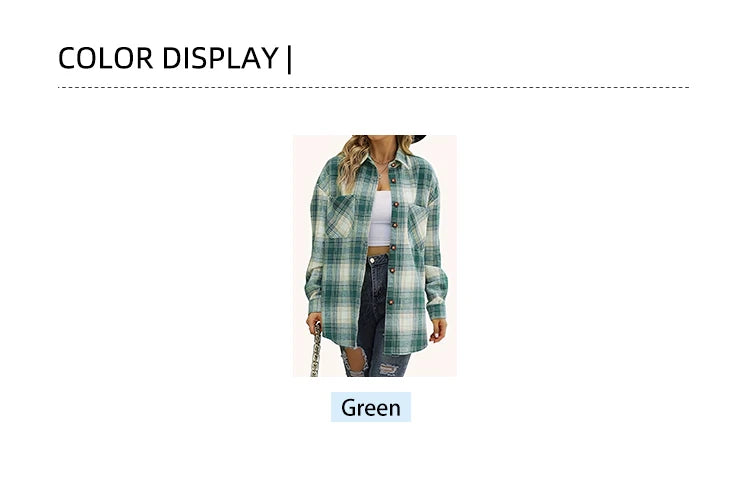 Women's Lightweight Flannel Plaid Shirt Jacket with Straw Buttons Soft Polyester Material Top for Spring and Summer