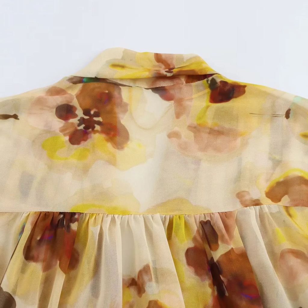 Women's Fashionable Loose Floral Print Semi Transparent Lapel Tie Long Sleeve Shirt for Spring