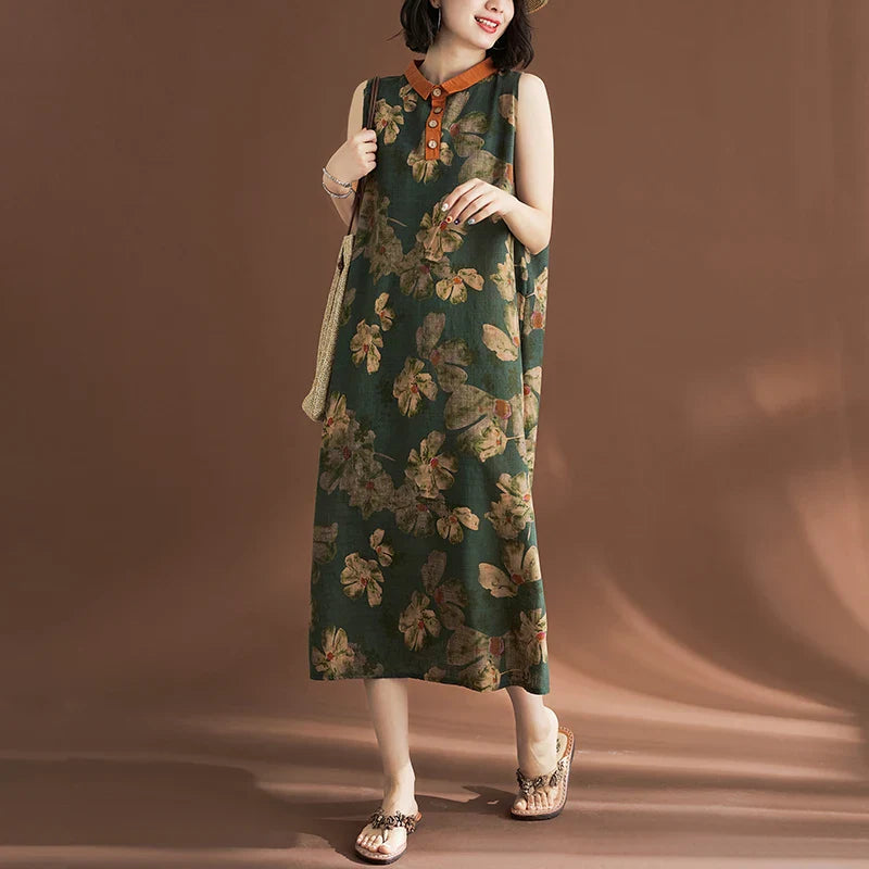 Printed Linen Sleeveless Dress for Women Summer Casual
