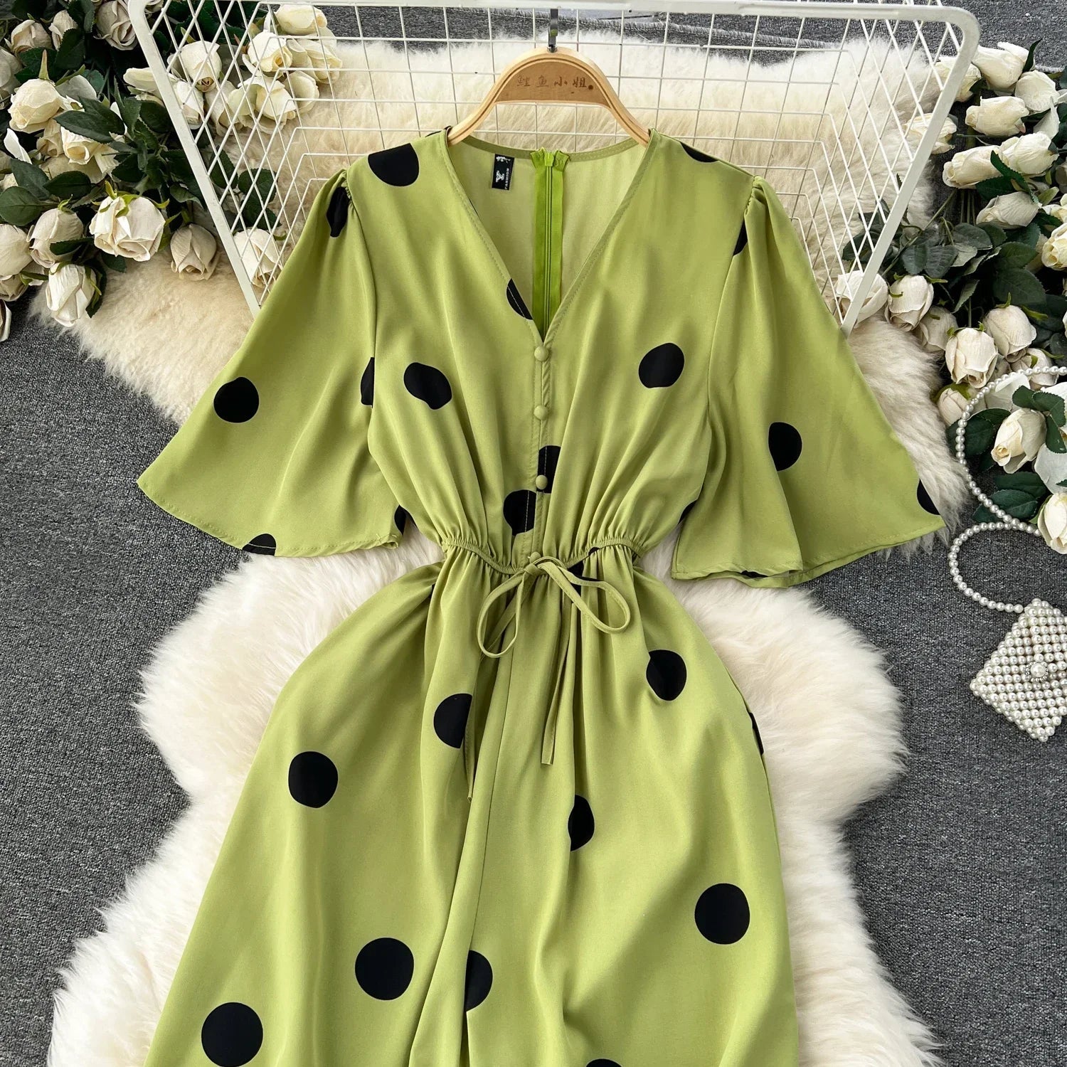 Women Wide Leg Polka Dot Jumpsuit with V Neck Dolman Sleeves and Slim Waist Design