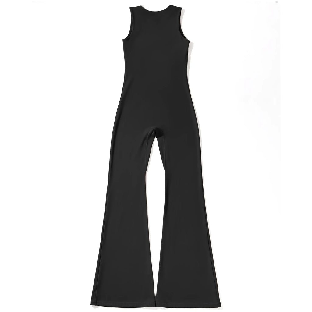 Women's Sleeveless Square Neck Bodysuit with Flared Pants Casual Fitness Jumpsuit Full Season Streetwear Playsuit