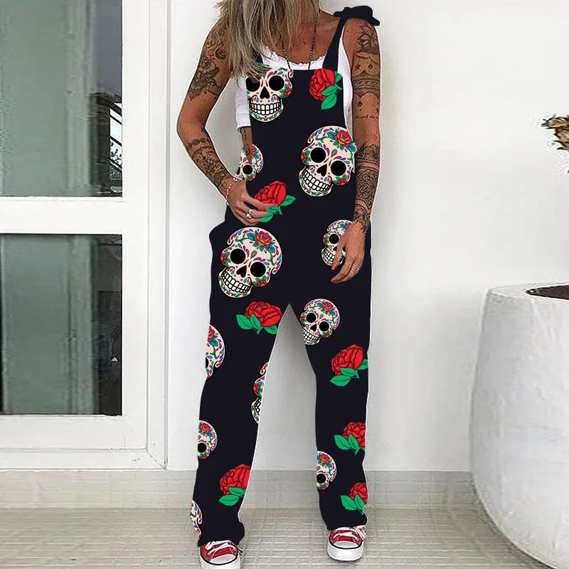 Women's Autumn Lace-Up Skull Print Overalls Jumpsuit with Pockets and Adjustable Straps