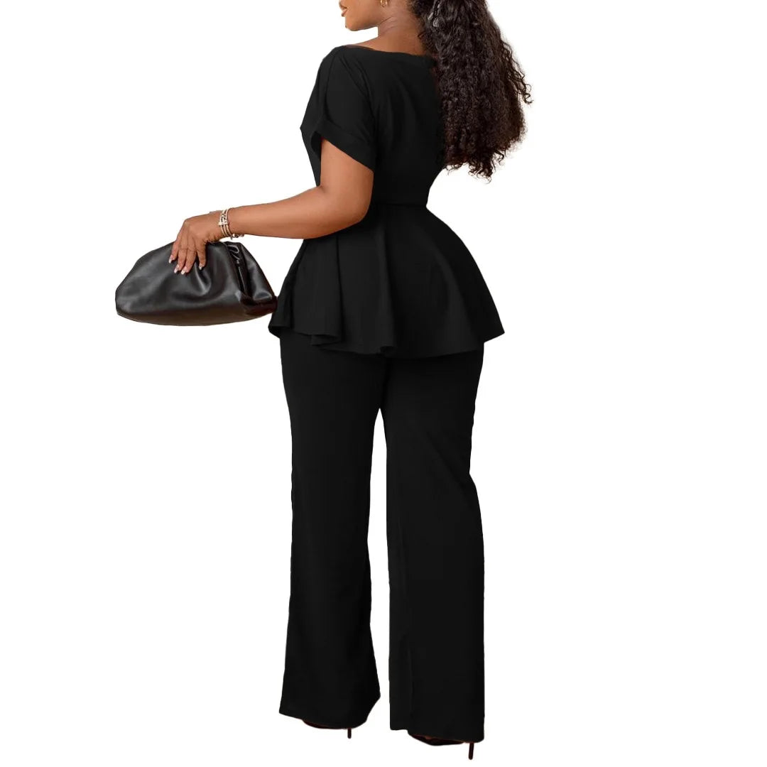 Women's Elegant 2 Piece Pants Set with Solid Blouse Short Sleeve O Neck and Long Trousers
