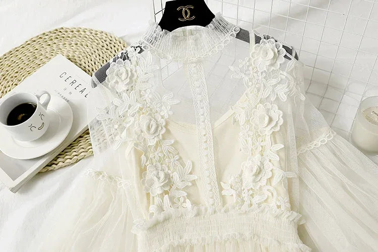 White Lace Mesh Dress With Lantern Sleeves For Women