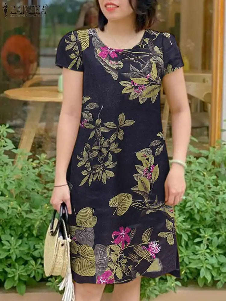 Vintage Floral Knee Length Boho Sundress With Pockets