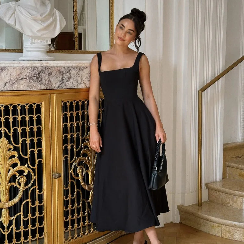 Solid Square Neck Sleeveless Suspender Dress For Women Long