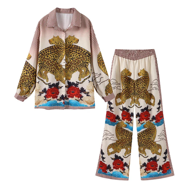 Autumn Women Leopard Print Suit Vintage Single Breasted Wide Leg Pants Set Casual Loose Outfit