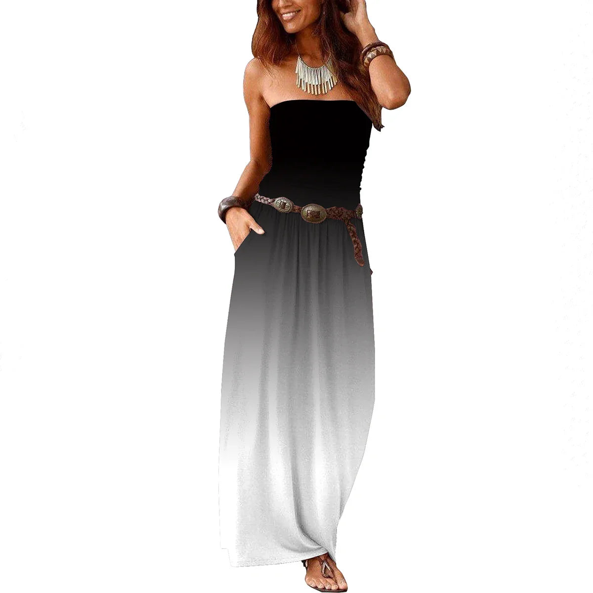 Strapless Maxi Dress With Pockets Off Shoulder Pleated