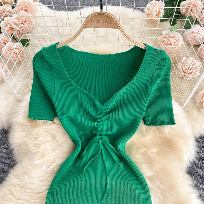Korean Knit Bodycon Dress V Neck Drawstring Short Sleeves