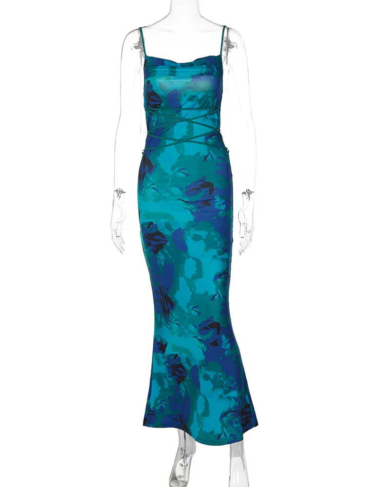 Floral Spaghetti Straps Maxi Dress Backless Evening Party