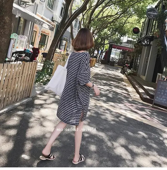 Summer Women's Striped T-Shirt Dress Loose Fit Short Sleeve Casual Tee for Home Wear
