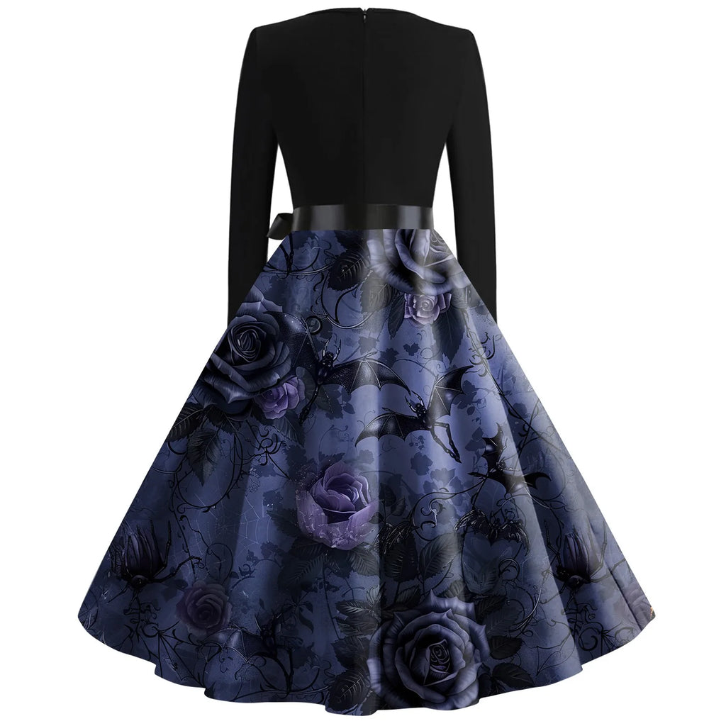 Halloween Printed V Neck Vintage Casual Dress for Women