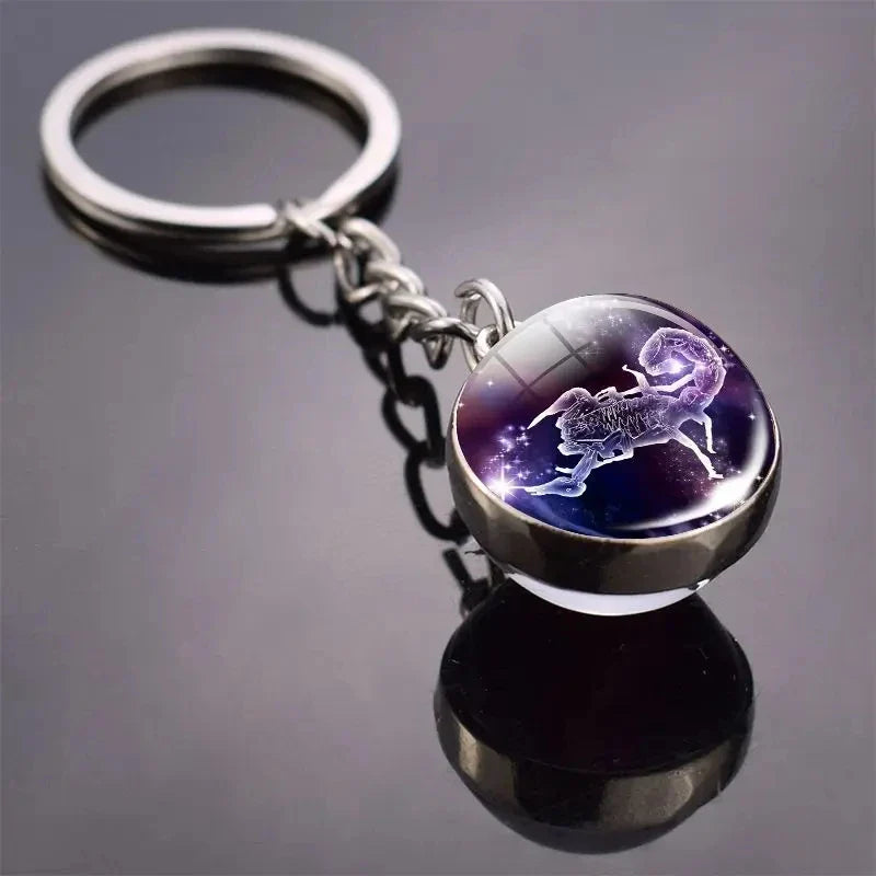 Luminous Zodiac Key Chain Double Sided Glass Ball Pendant for Men and Women Birthday Gift
