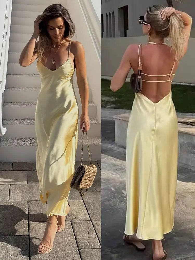 Yellow Satin Dress V Neck Backless For Women Party Evening
