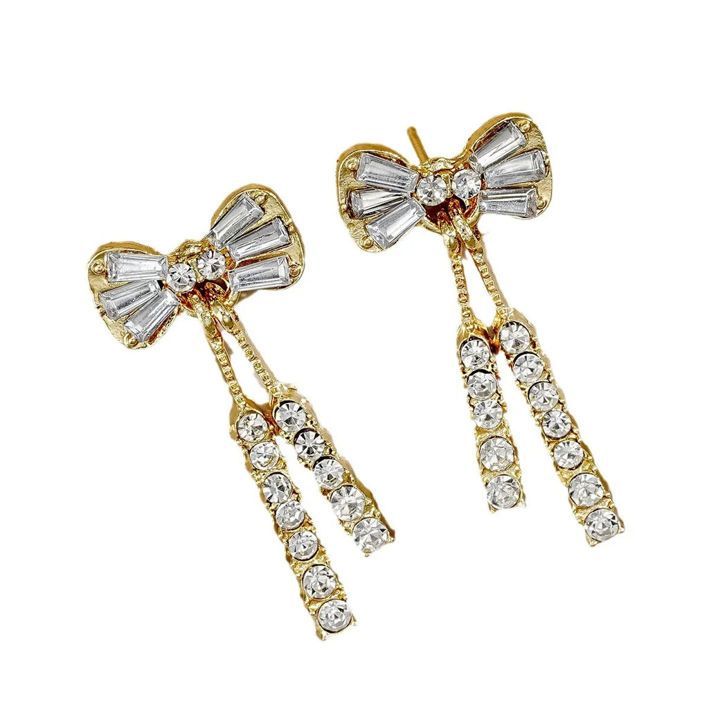 Gold Color Shiny Bow Stud Earrings With Rhinestones For Women Fashion Jewelry Gift