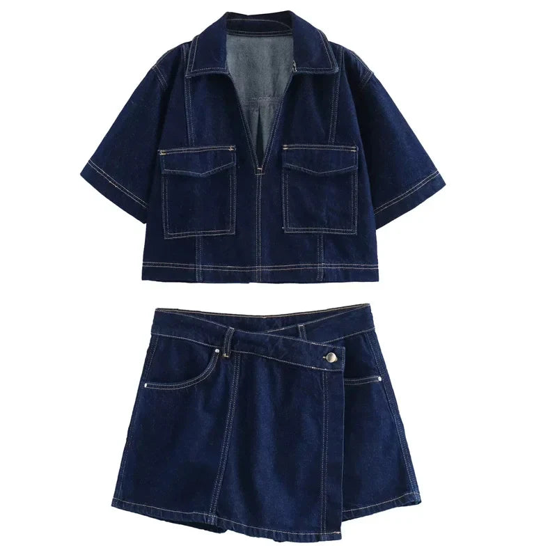 Asymmetric High Waist Denim Mini Skirt and Cropped Short Sleeve Top Two Piece Set for Women Streetwear
