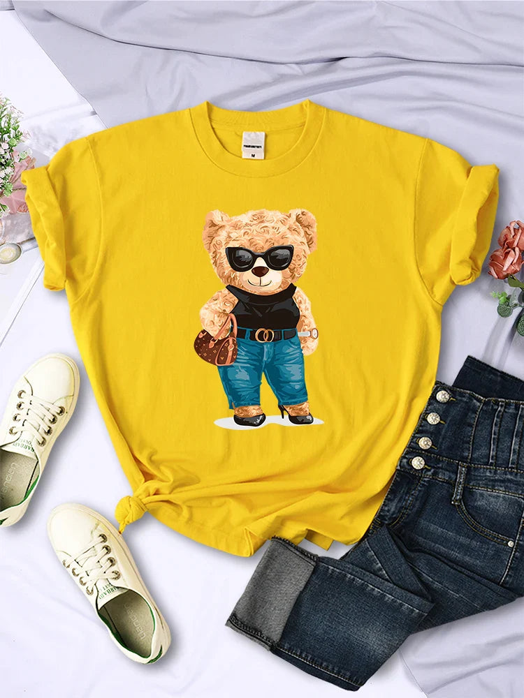 Fashion Teddy Bear Graphic T-Shirt for Women Casual Hip Hop Short Sleeves O-Neck Breathable Summer Tee